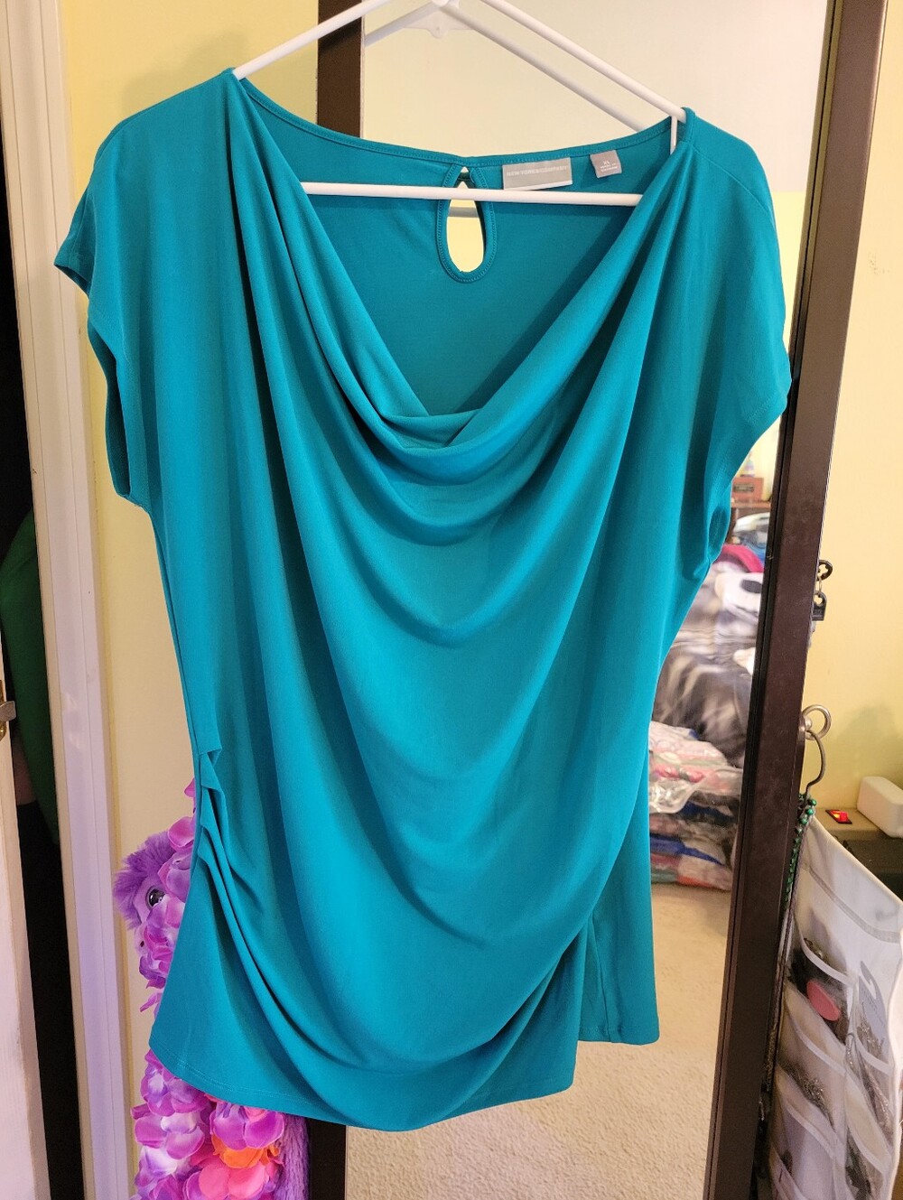 New York & Company Teal Draped Cowl Neck Tunic Top
